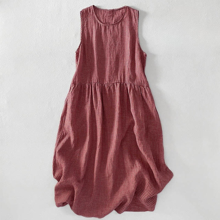 Vestido midi informal de algodón sin mangas con bolsillos y estampado de Buddha Stones, hecho a mano, a cuadros. - Salmón oscuro - US14，UK/AU18，EU46 (2XL) - image 0