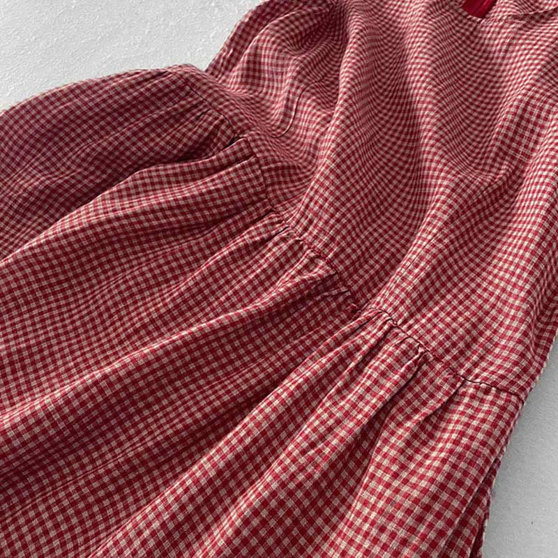 Vestido midi informal de algodón sin mangas con bolsillos y estampado de Buddha Stones, hecho a mano, a cuadros. - image 5