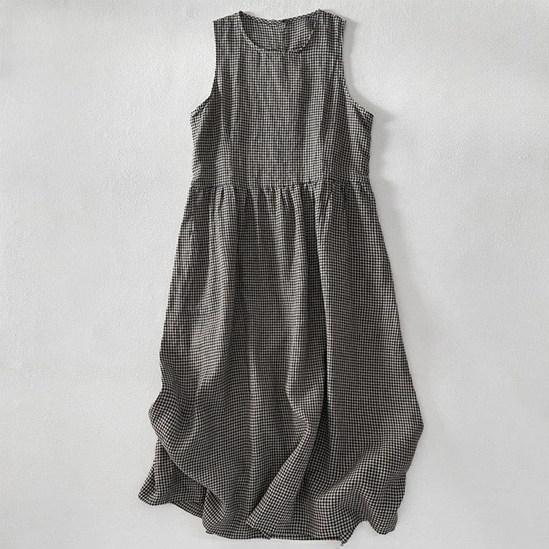 Vestido midi informal de algodón sin mangas con bolsillos y estampado de Buddha Stones, hecho a mano, a cuadros. - Gris oscuro - US14，UK/AU18，EU46 (2XL) - image 9