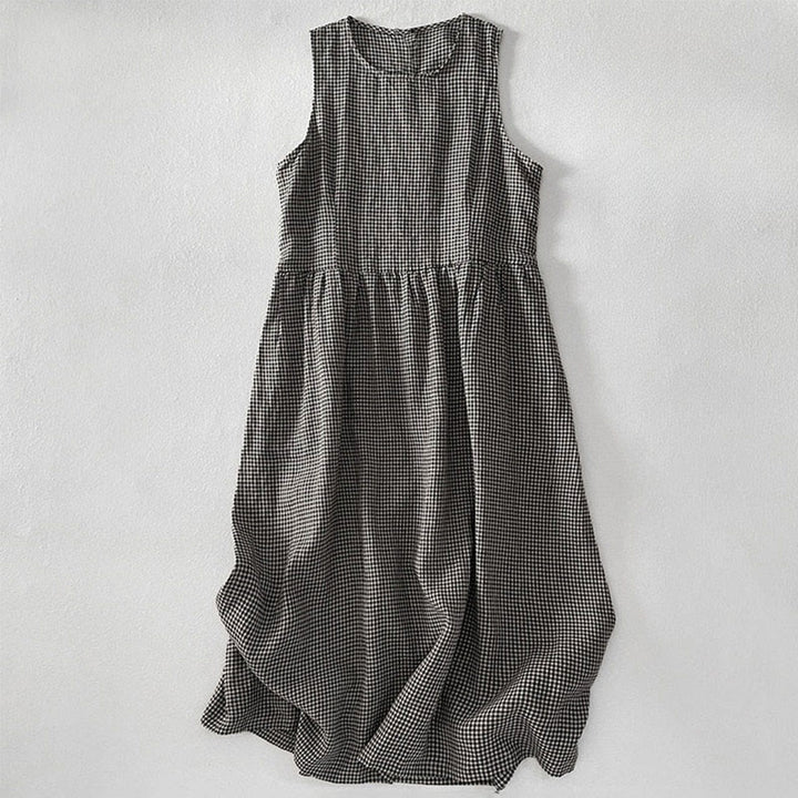 Vestido midi informal de algodón sin mangas con bolsillos y estampado de Buddha Stones, hecho a mano, a cuadros. - Gris oscuro - US14，UK/AU18，EU46 (2XL) - image 9