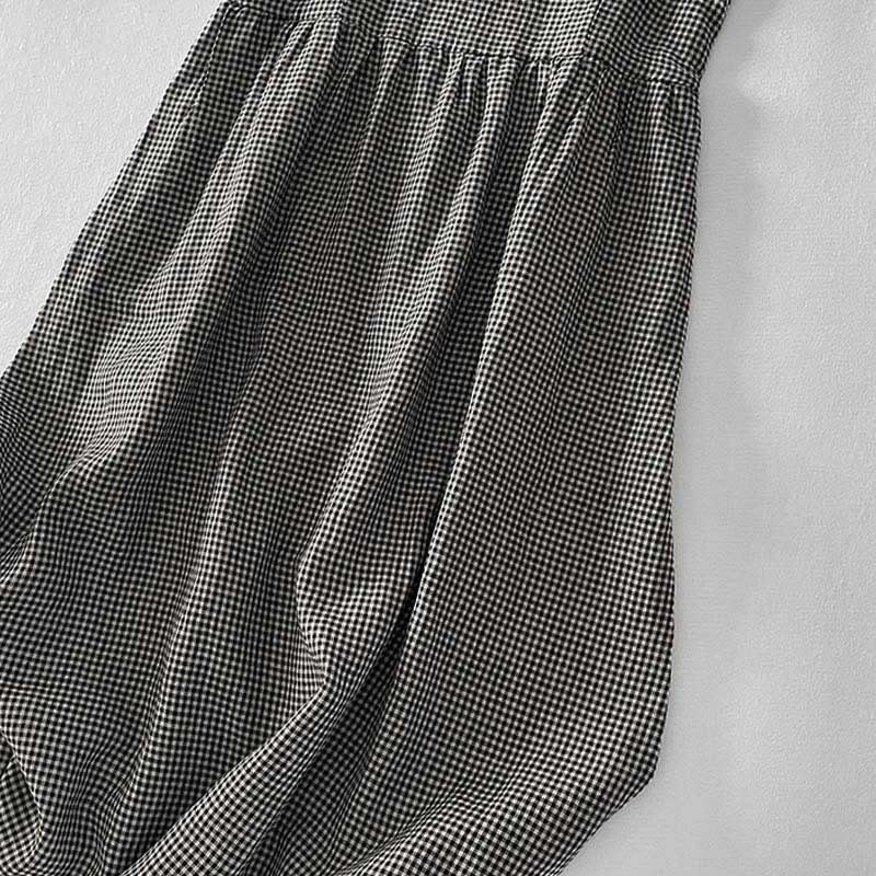 Vestido midi informal de algodón sin mangas con bolsillos y estampado de Buddha Stones, hecho a mano, a cuadros. - image 14