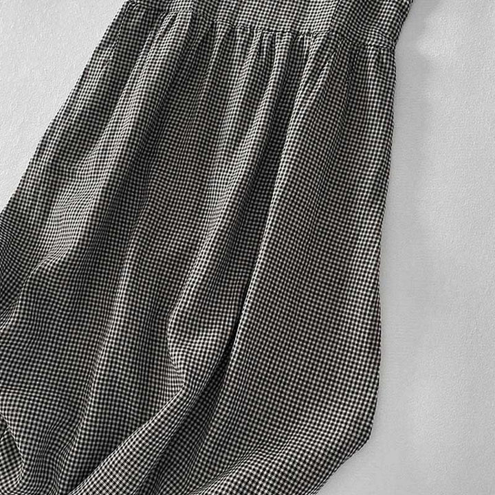 Vestido midi informal de algodón sin mangas con bolsillos y estampado de Buddha Stones, hecho a mano, a cuadros. - image 14