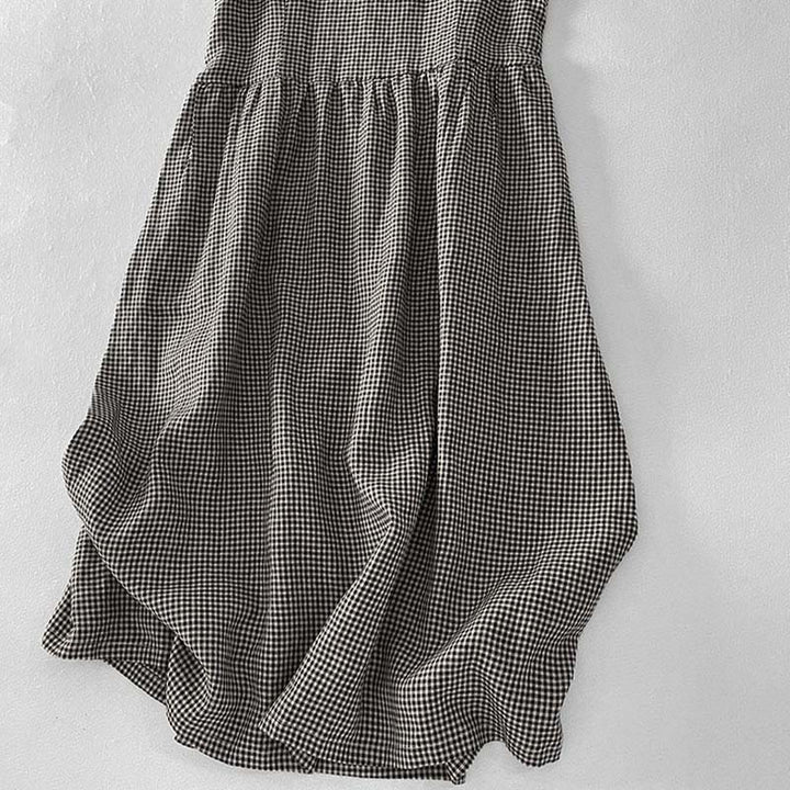 Vestido midi informal de algodón sin mangas con bolsillos y estampado de Buddha Stones, hecho a mano, a cuadros. - image 13