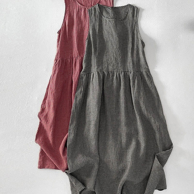 Vestido midi informal de algodón sin mangas con bolsillos y estampado de Buddha Stones, hecho a mano, a cuadros. - image 17