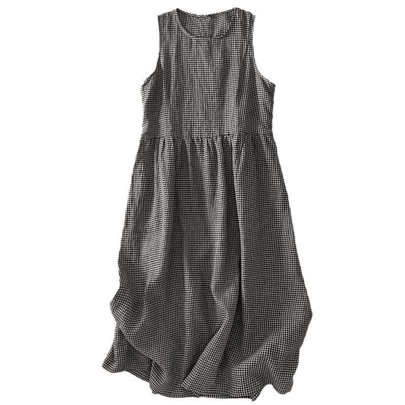 Vestido midi informal de algodón sin mangas con bolsillos y estampado de Buddha Stones, hecho a mano, a cuadros. - image 16