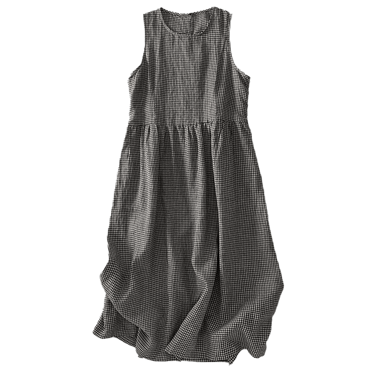 Vestido midi informal de algodón sin mangas con bolsillos y estampado de Buddha Stones, hecho a mano, a cuadros. - image 16