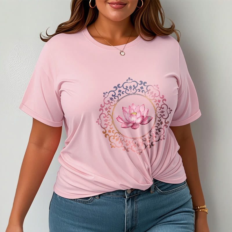 Camiseta de algodón con estampado de loto rosa y mandala de Buddha Stones - image 13
