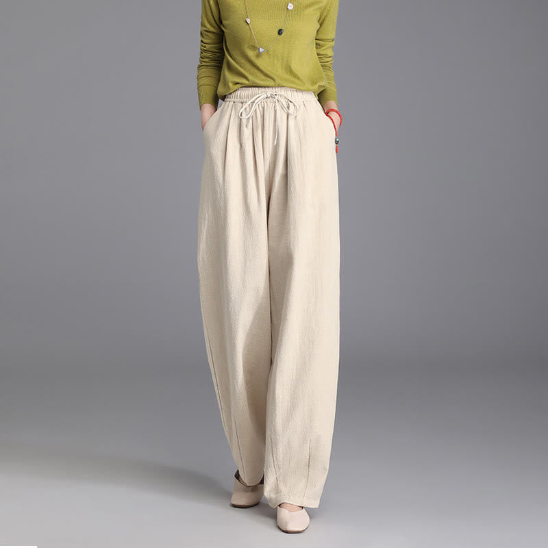 Pantalones casuales vintage de algodón y lino con diseño de zanahoria, con cordón y bolsillos , de Buddha Stones. - image 1