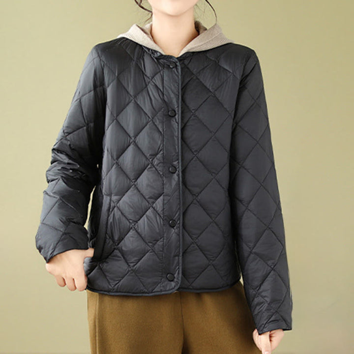 Chaqueta térmica de algodón con diseño acolchado de rombos y manga larga para mujer de Buddha Stones, otoño, con bolsillos - image 16