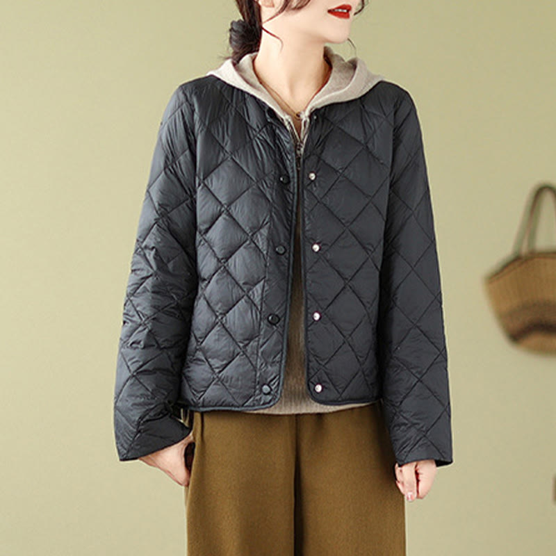 Chaqueta térmica de algodón con diseño acolchado de rombos y manga larga para mujer de Buddha Stones, otoño, con bolsillos - image 18