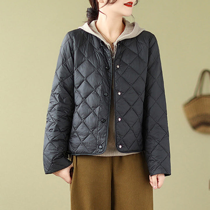 Chaqueta térmica de algodón con diseño acolchado de rombos y manga larga para mujer de Buddha Stones, otoño, con bolsillos - image 18