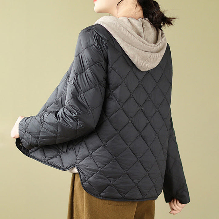 Chaqueta térmica de algodón con diseño acolchado de rombos y manga larga para mujer de Buddha Stones, otoño, con bolsillos - image 14