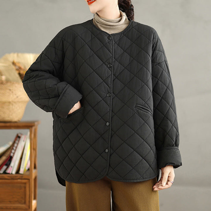 Chaqueta térmica de algodón con diseño de botones y acolchado de rombos para mujer, de Buddha Stones, de manga larga y bolsillos - image 22