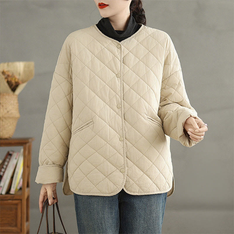Chaqueta térmica de algodón con diseño de botones y acolchado de rombos para mujer, de Buddha Stones, de manga larga y bolsillos - Beige - US14，UK/AU18，EU46 (2XL) - image 10