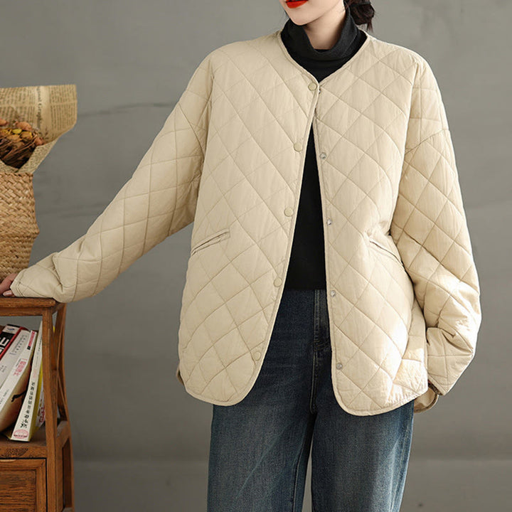 Chaqueta térmica de algodón con diseño de botones y acolchado de rombos para mujer, de Buddha Stones, de manga larga y bolsillos - image 11
