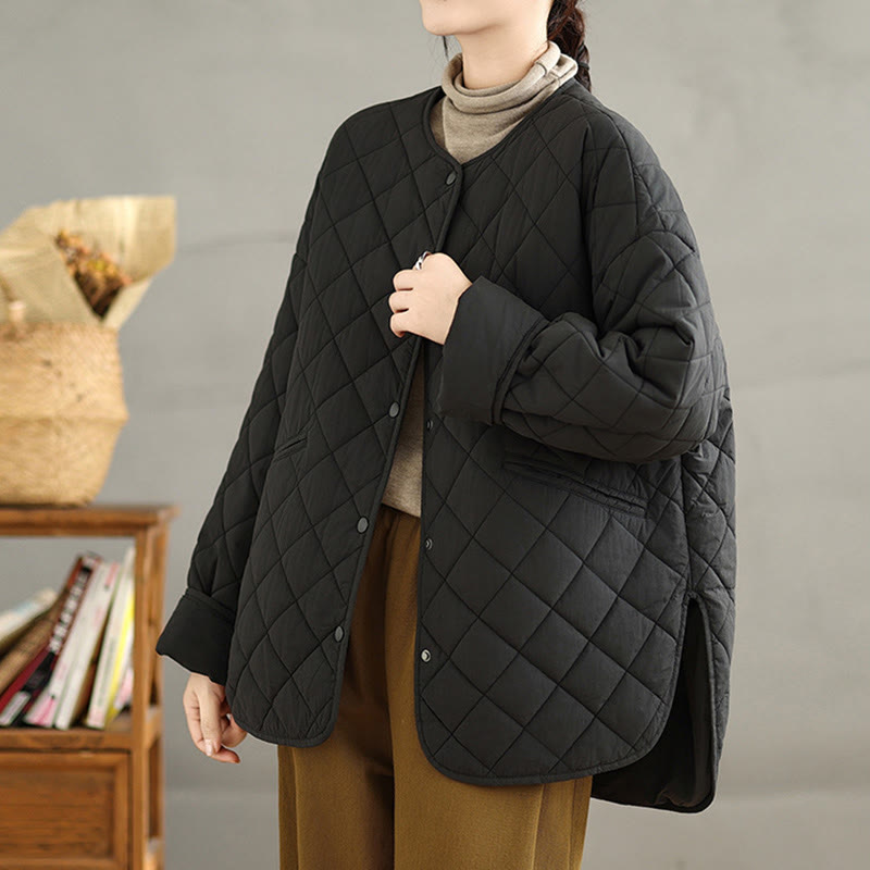 Chaqueta térmica de algodón con diseño de botones y acolchado de rombos para mujer, de Buddha Stones, de manga larga y bolsillos - image 20