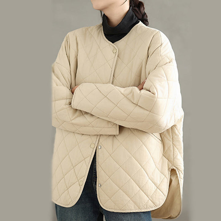Chaqueta térmica de algodón con diseño de botones y acolchado de rombos para mujer, de Buddha Stones, de manga larga y bolsillos - image 15