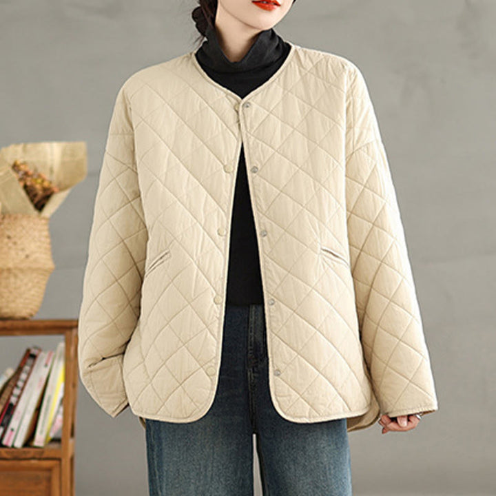 Chaqueta térmica de algodón con diseño de botones y acolchado de rombos para mujer, de Buddha Stones, de manga larga y bolsillos - image 13