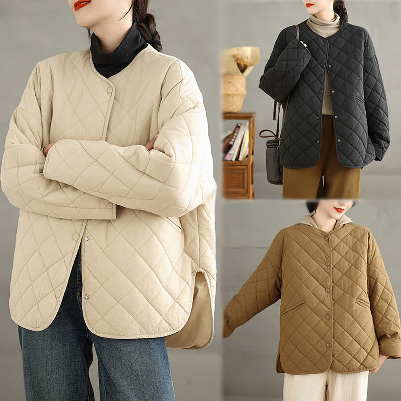 Chaqueta térmica de algodón con diseño de botones y acolchado de rombos para mujer, de Buddha Stones, de manga larga y bolsillos - image 24
