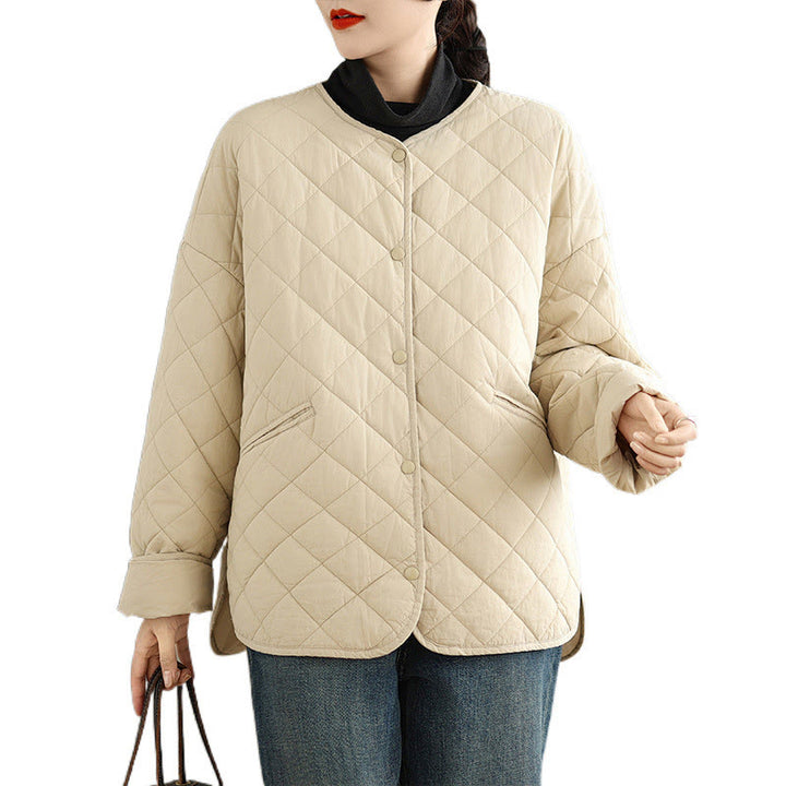 Chaqueta térmica de algodón con diseño de botones y acolchado de rombos para mujer, de Buddha Stones, de manga larga y bolsillos - image 17