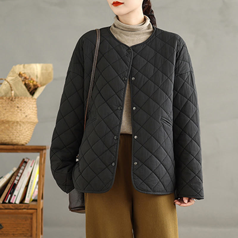 Chaqueta térmica de algodón con diseño de botones y acolchado de rombos para mujer, de Buddha Stones, de manga larga y bolsillos - image 19