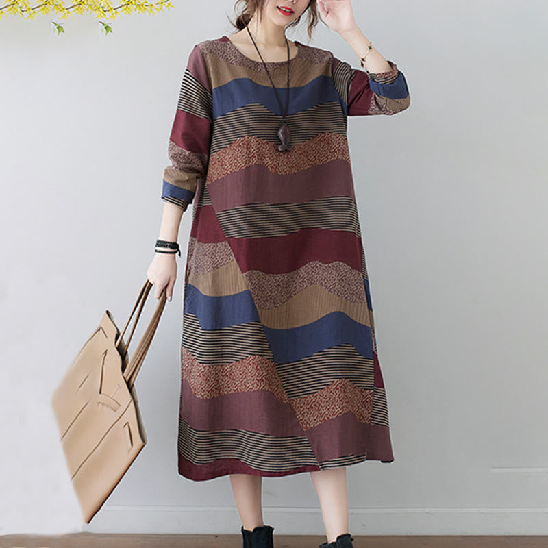 Vestido midi de lino y algodón de manga larga con estampado étnico a rayas y Buddha Stones , con bolsillos - image 3
