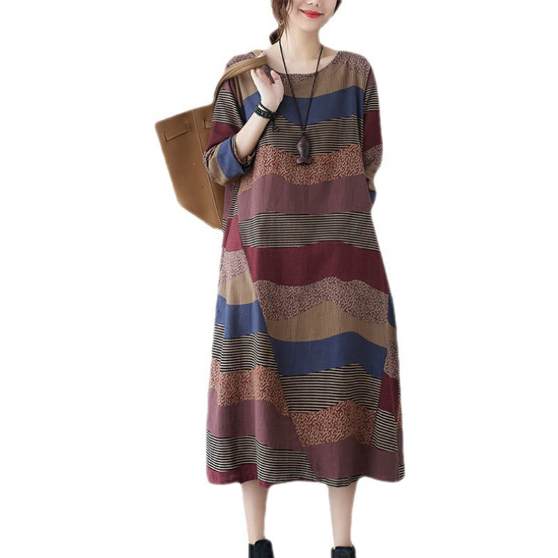 Vestido midi de lino y algodón de manga larga con estampado étnico a rayas y Buddha Stones , con bolsillos - image 14