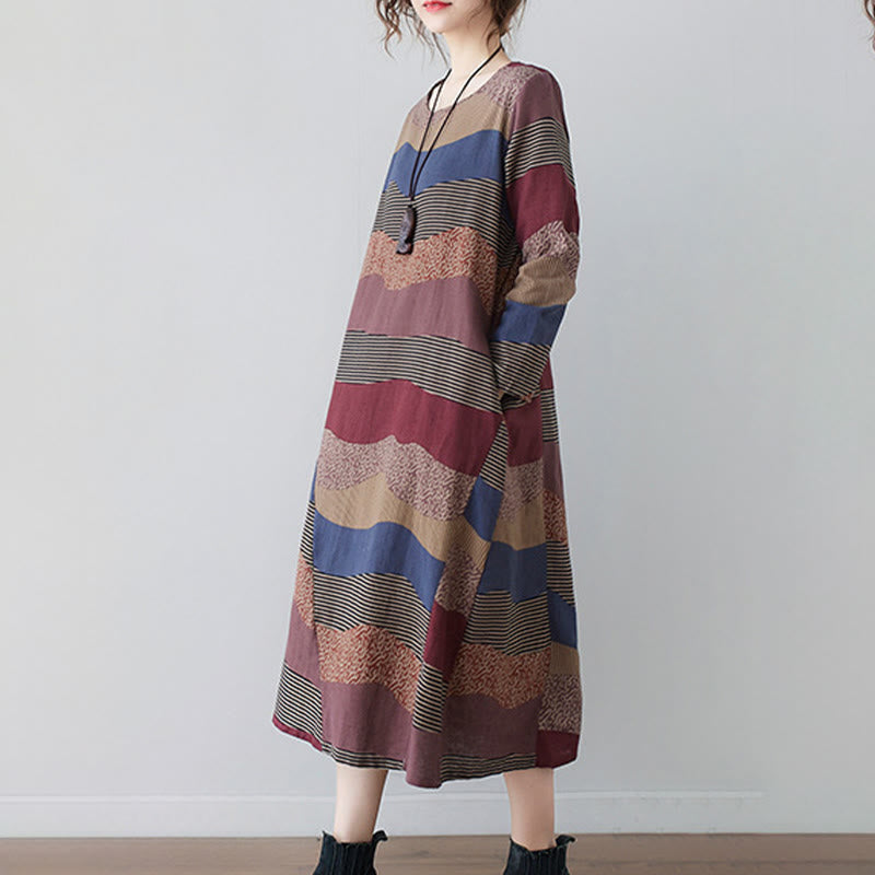 Vestido midi de lino y algodón de manga larga con estampado étnico a rayas y Buddha Stones , con bolsillos - image 7