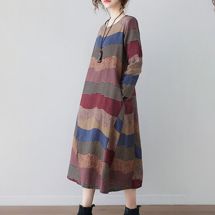 Vestido midi de lino y algodón de manga larga con estampado étnico a rayas y Buddha Stones , con bolsillos - image 7