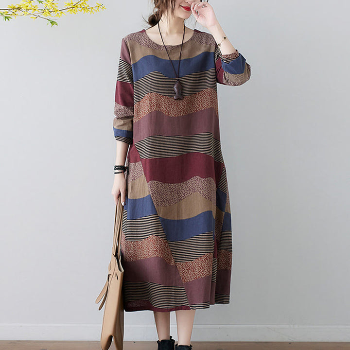 Vestido midi de lino y algodón de manga larga con estampado étnico a rayas y Buddha Stones , con bolsillos - image 9