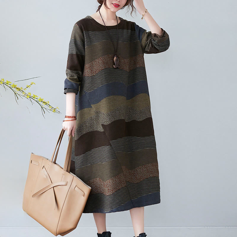 Vestido midi de lino y algodón de manga larga con estampado étnico a rayas y Buddha Stones , con bolsillos - image 23