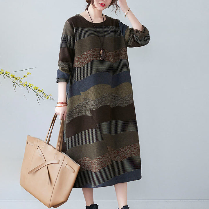 Vestido midi de lino y algodón de manga larga con estampado étnico a rayas y Buddha Stones , con bolsillos - image 23