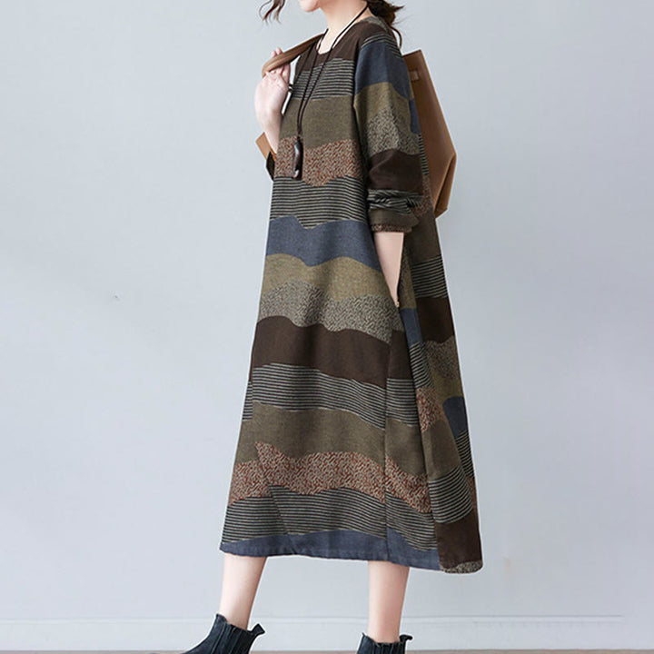 Vestido midi de lino y algodón de manga larga con estampado étnico a rayas y Buddha Stones , con bolsillos - image 19