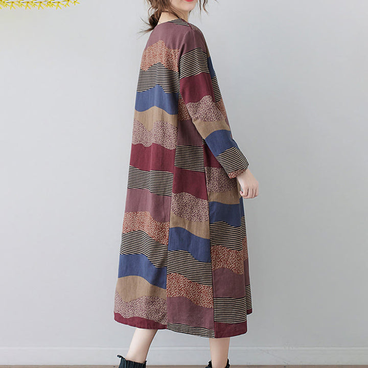 Vestido midi de lino y algodón de manga larga con estampado étnico a rayas y Buddha Stones , con bolsillos - image 8