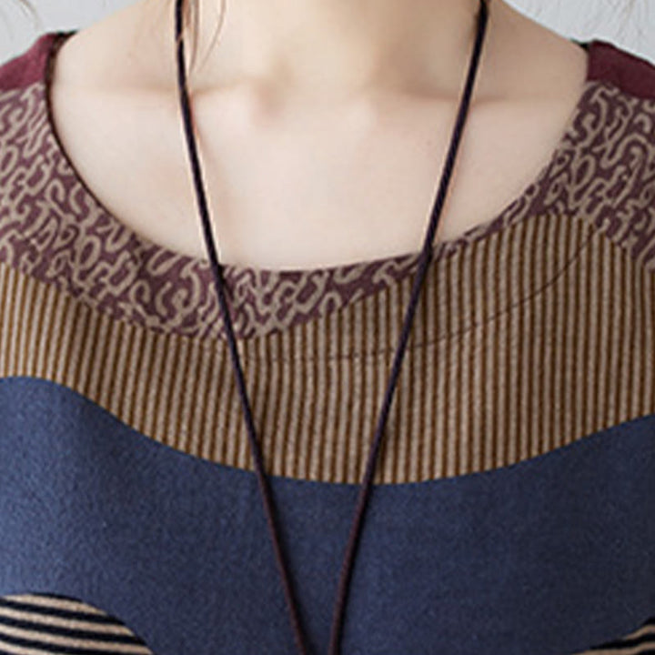 Vestido midi de lino y algodón de manga larga con estampado étnico a rayas y Buddha Stones , con bolsillos - image 11