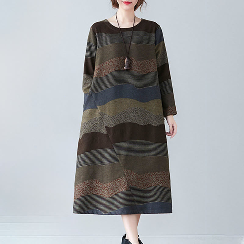 Vestido midi de lino y algodón de manga larga con estampado étnico a rayas y Buddha Stones , con bolsillos - image 18