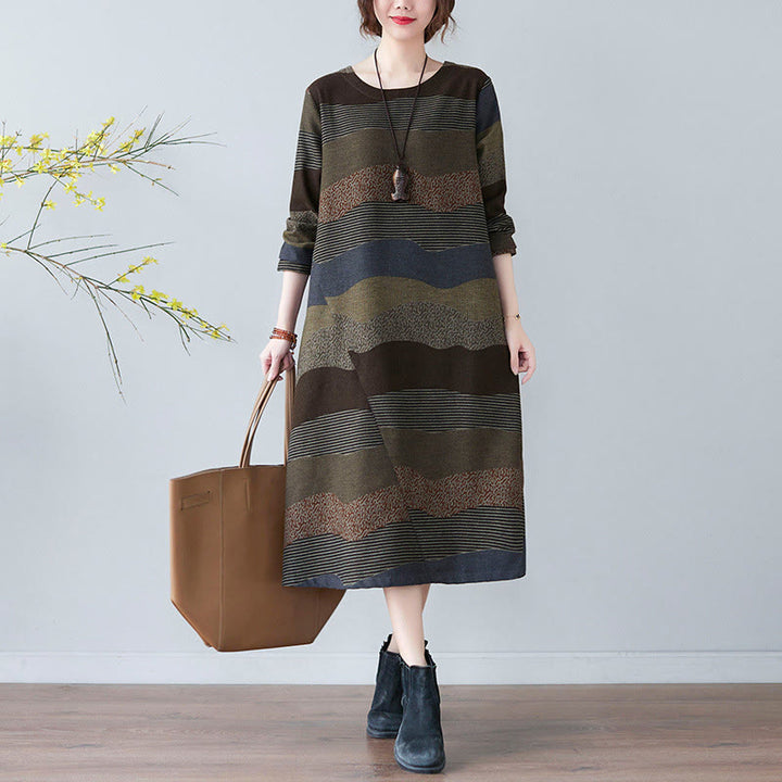 Vestido midi de lino y algodón de manga larga con estampado étnico a rayas y Buddha Stones , con bolsillos - Verde oliva oscuro - US8-10，UK/AU12-14，EU40-42 (2XL) - image 15