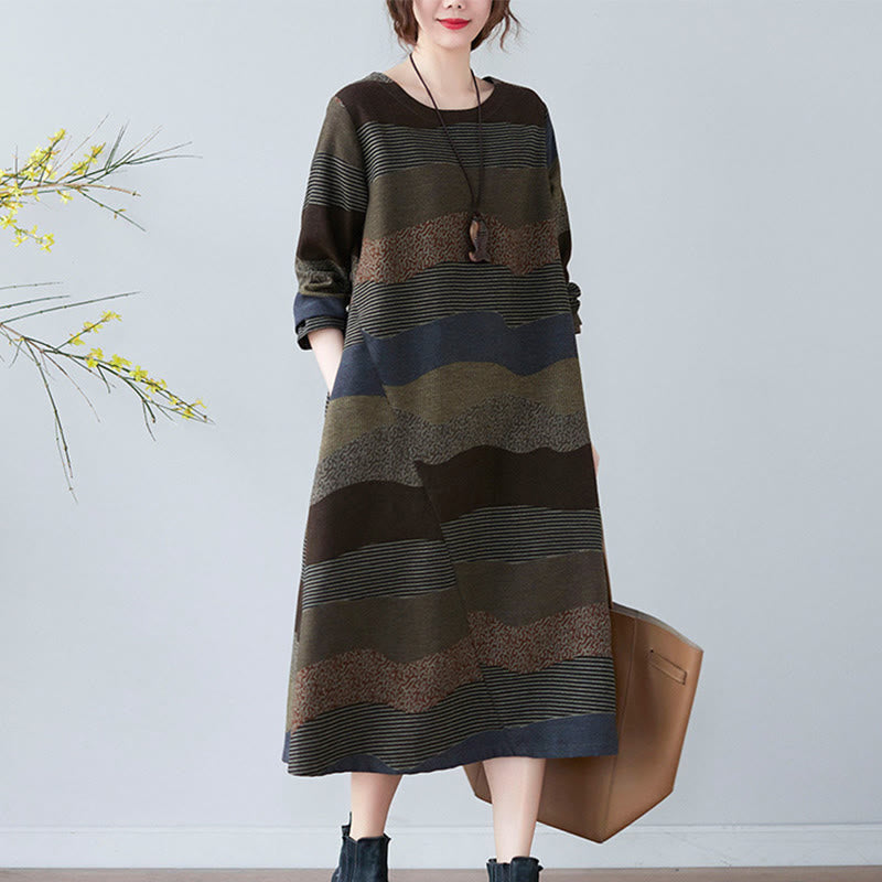 Vestido midi de lino y algodón de manga larga con estampado étnico a rayas y Buddha Stones , con bolsillos - image 22