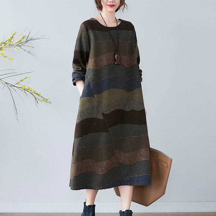 Vestido midi de lino y algodón de manga larga con estampado étnico a rayas y Buddha Stones , con bolsillos - image 22