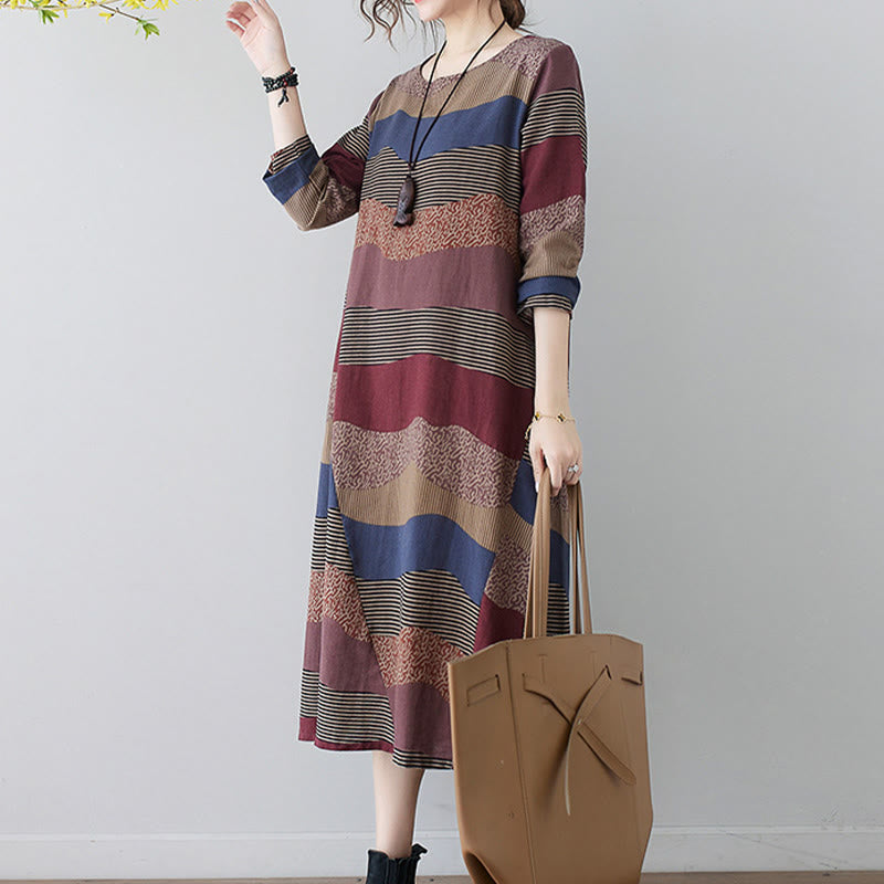 Vestido midi de lino y algodón de manga larga con estampado étnico a rayas y Buddha Stones , con bolsillos - image 6