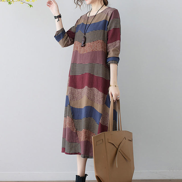 Vestido midi de lino y algodón de manga larga con estampado étnico a rayas y Buddha Stones , con bolsillos - image 6