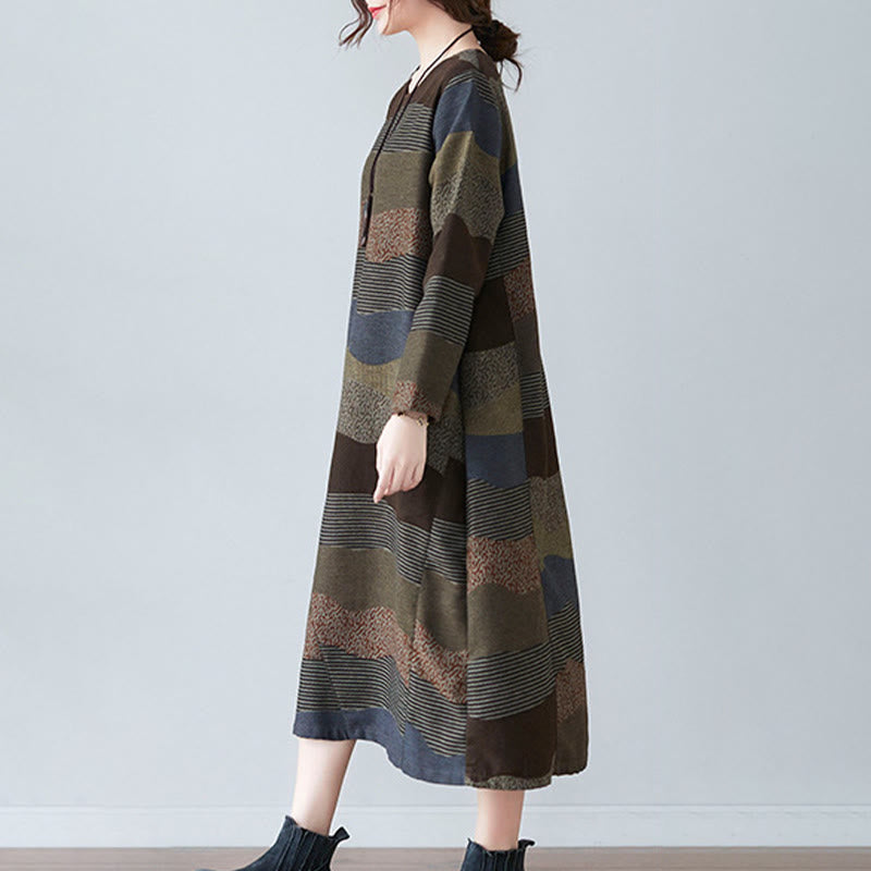 Vestido midi de lino y algodón de manga larga con estampado étnico a rayas y Buddha Stones , con bolsillos - image 17