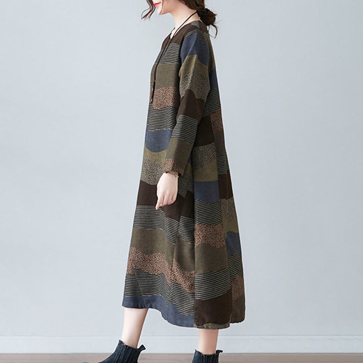 Vestido midi de lino y algodón de manga larga con estampado étnico a rayas y Buddha Stones , con bolsillos - image 17