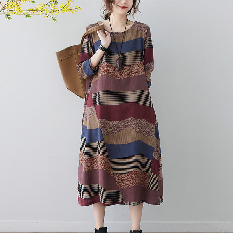 Vestido midi de lino y algodón de manga larga con estampado étnico a rayas y Buddha Stones , con bolsillos - image 10