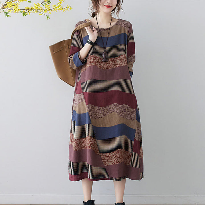 Vestido midi de lino y algodón de manga larga con estampado étnico a rayas y Buddha Stones , con bolsillos - image 10