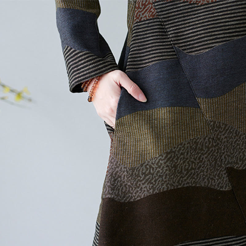 Vestido midi de lino y algodón de manga larga con estampado étnico a rayas y Buddha Stones , con bolsillos - image 26