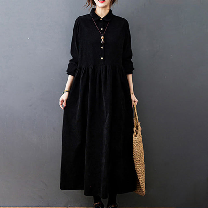 Vestido midi de pana de manga larga con bolsillos, diseño de Buddha Stones y botones otoñales. - image 2