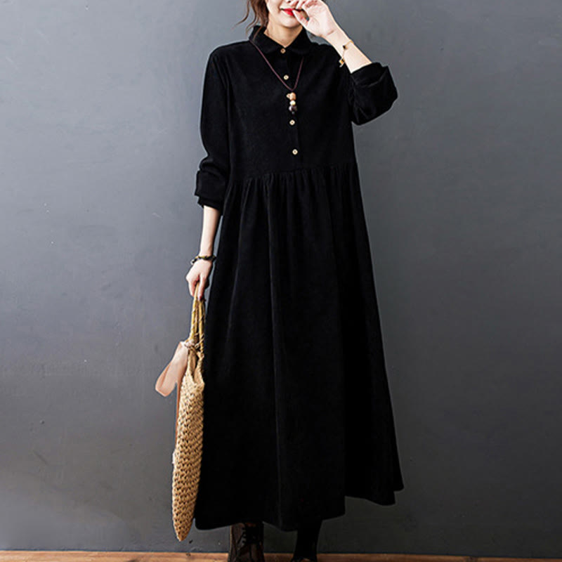 Vestido midi de pana de manga larga con bolsillos, diseño de Buddha Stones y botones otoñales. - image 4