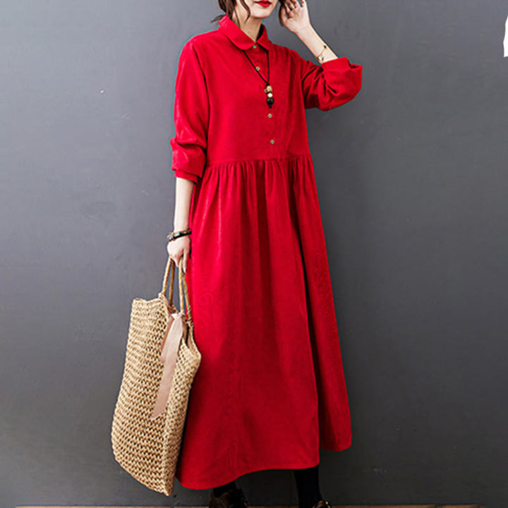 Vestido midi de pana de algodón de manga larga con diseño de Buddha Stones y bolsillos. - image 15