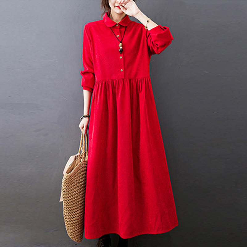 Vestido midi de pana de algodón de manga larga con diseño de Buddha Stones y bolsillos. - Rojo - US8-10，UK/AU12-14，EU40-42 (2XL) - image 9